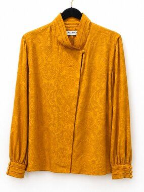 Vintage Gloria Sachs New York Gold Jacquard Silk Blend High Neck SZ 10